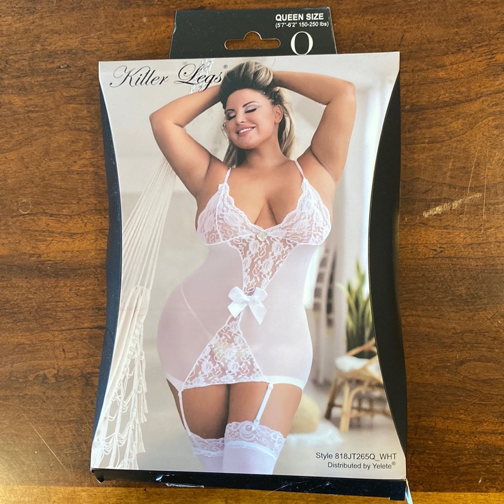 NWT Killer Legs Queen Size White Lace Teddy with Thigh High Stockings